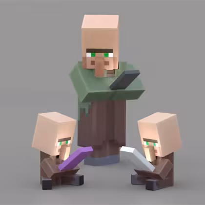 Illager parent and 2 illager children playing on tablets